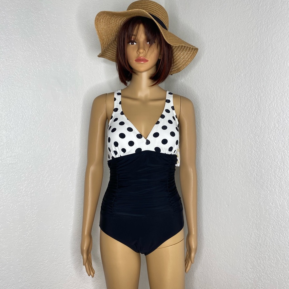 🆕 Haivido Woman V Neck Tummy Control Ruched Swimsuit Size S Black/White